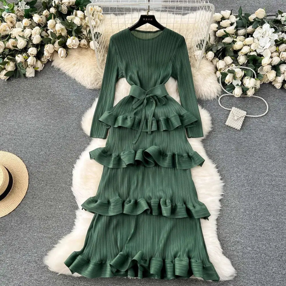 Olive Green Cake Heavy Industry Pleated Long Dress