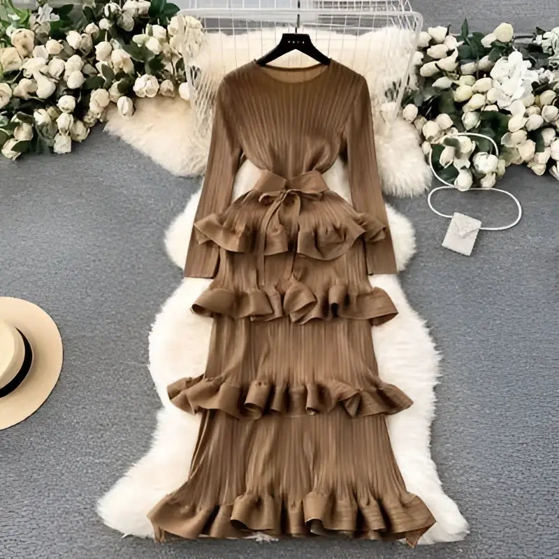 Olive Green Cake Heavy Industry Pleated Long Dress