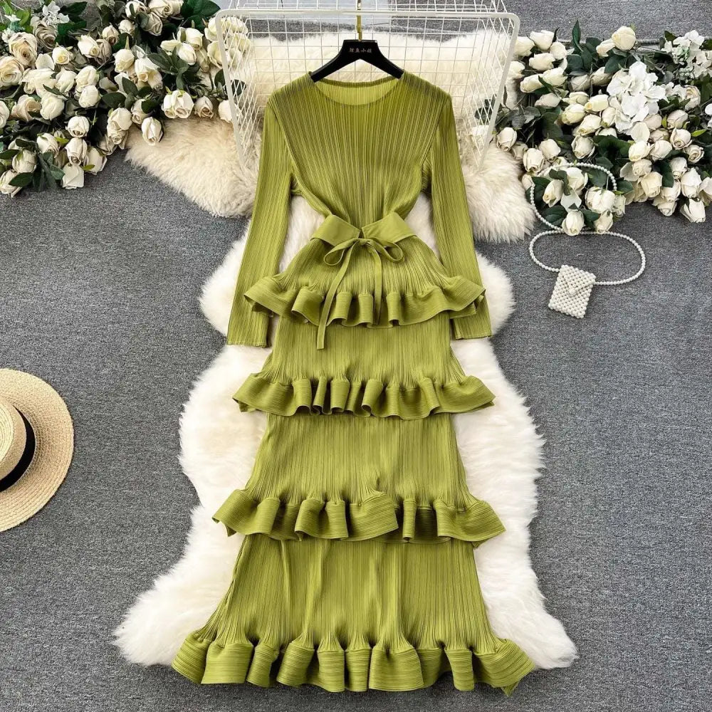 Olive Green Cake Heavy Industry Pleated Long Dress