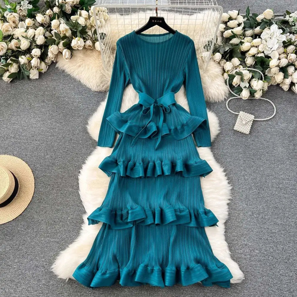 Olive Green Cake Heavy Industry Pleated Long Dress