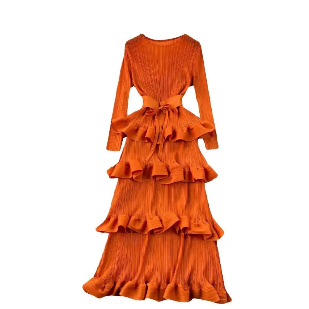Olive Green Cake Heavy Industry Pleated Long Dress