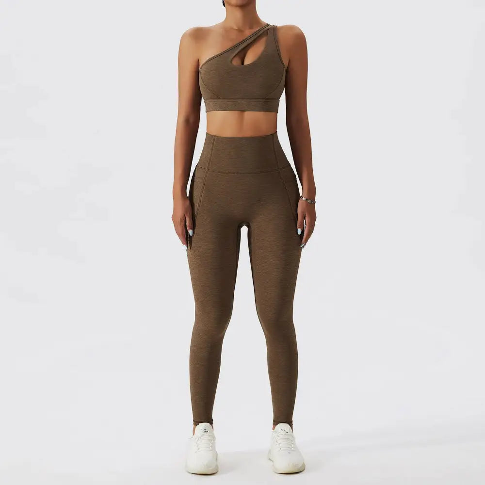 Olive Green Yoga Bra Fitness Suit with Pockets
