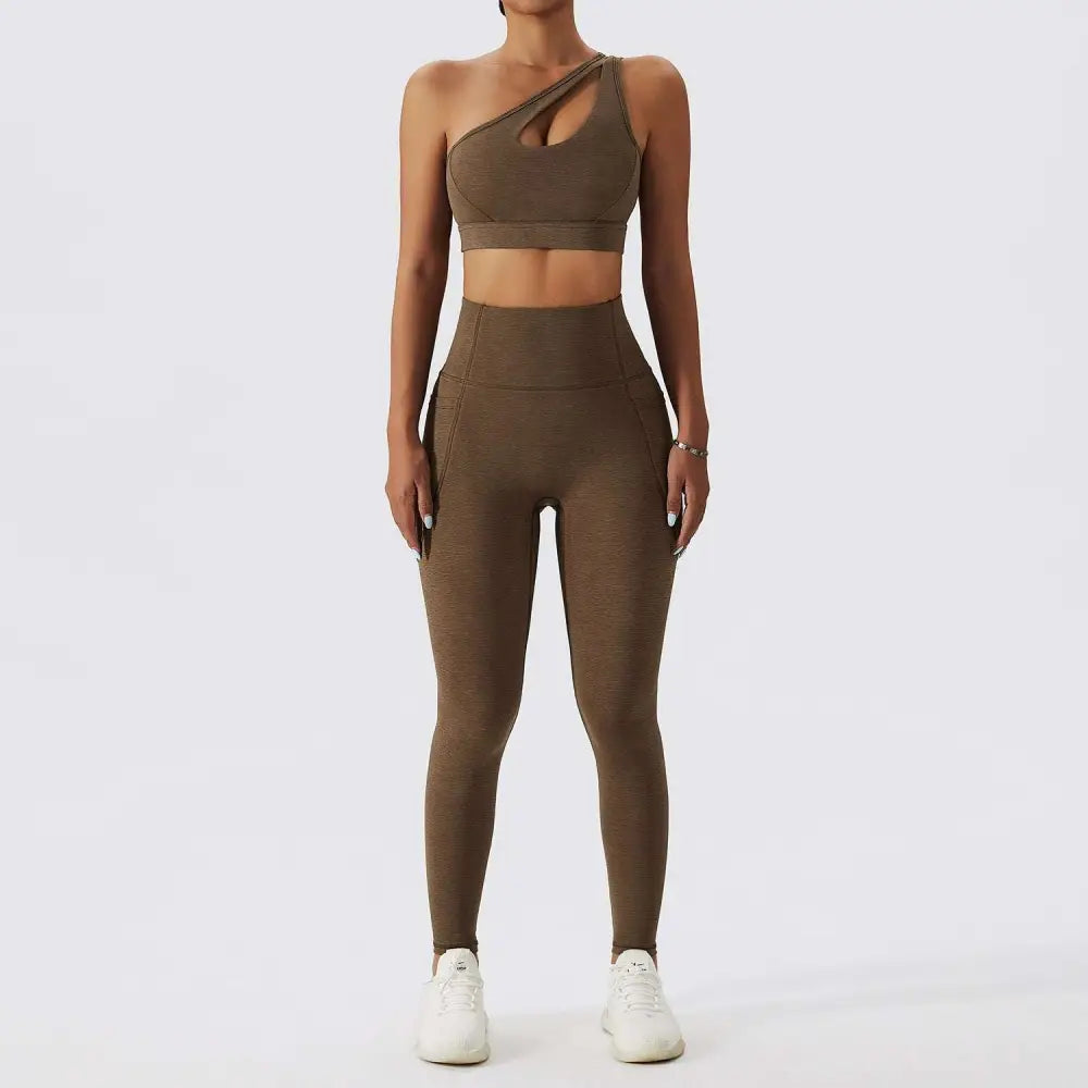Olive Green Yoga Bra Fitness Suit with Pockets