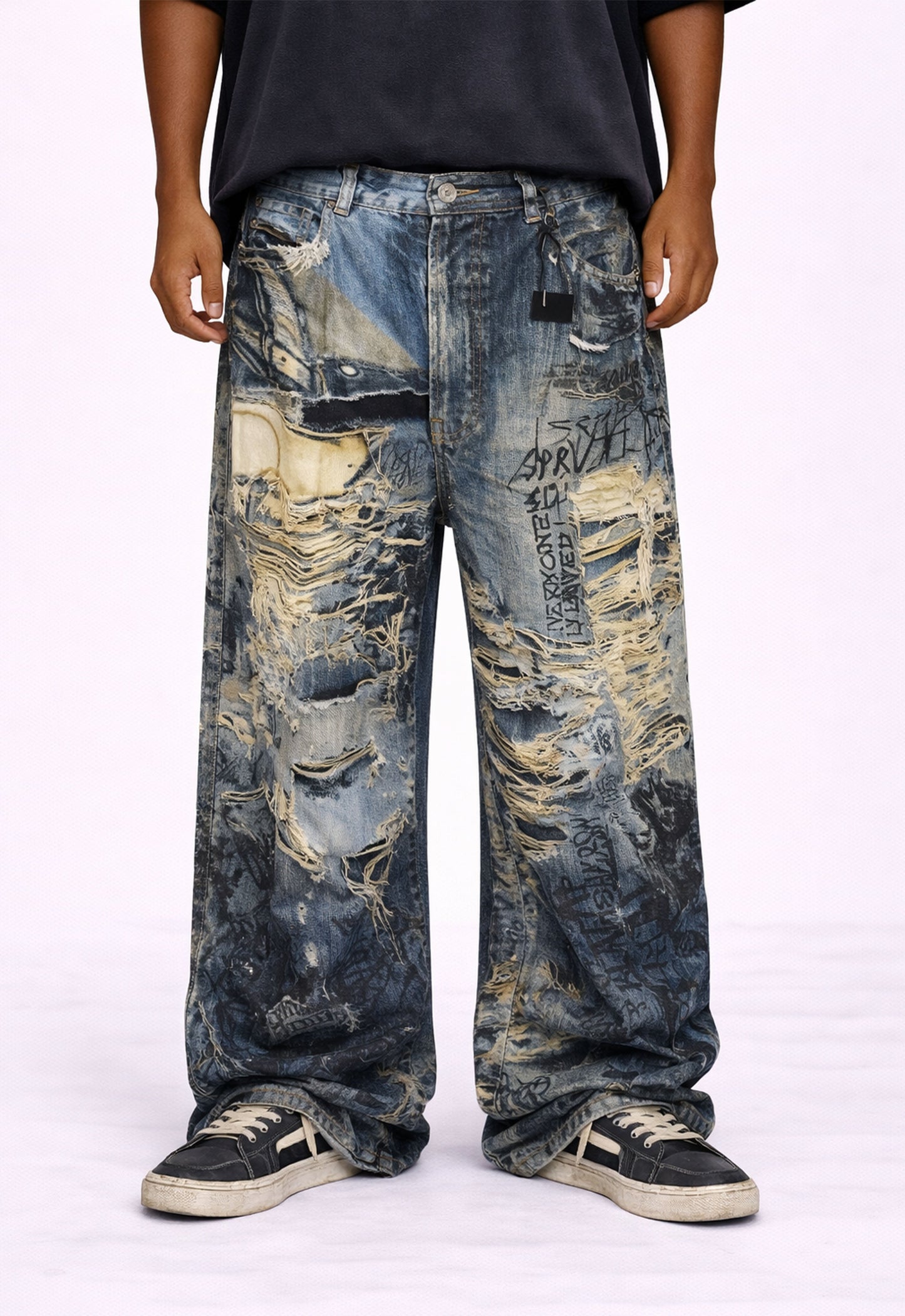 WIDEBOY DISTRESSED GRAFFITI MENS DENIM JEANS