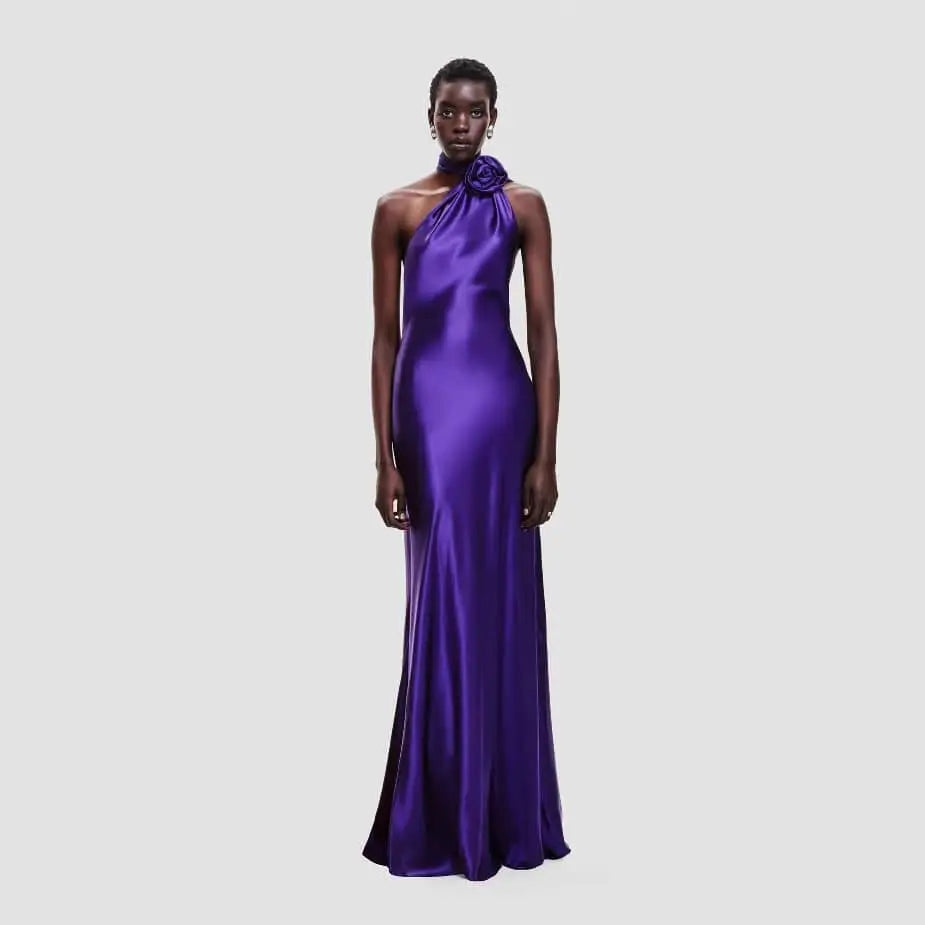 One Shoulder Fitted High Waist Purple Satin Rose Gown