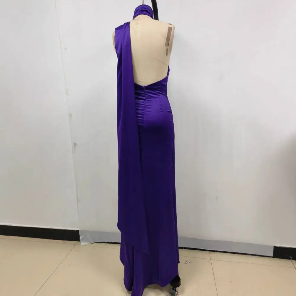 One Shoulder Fitted High Waist Purple Satin Rose Gown