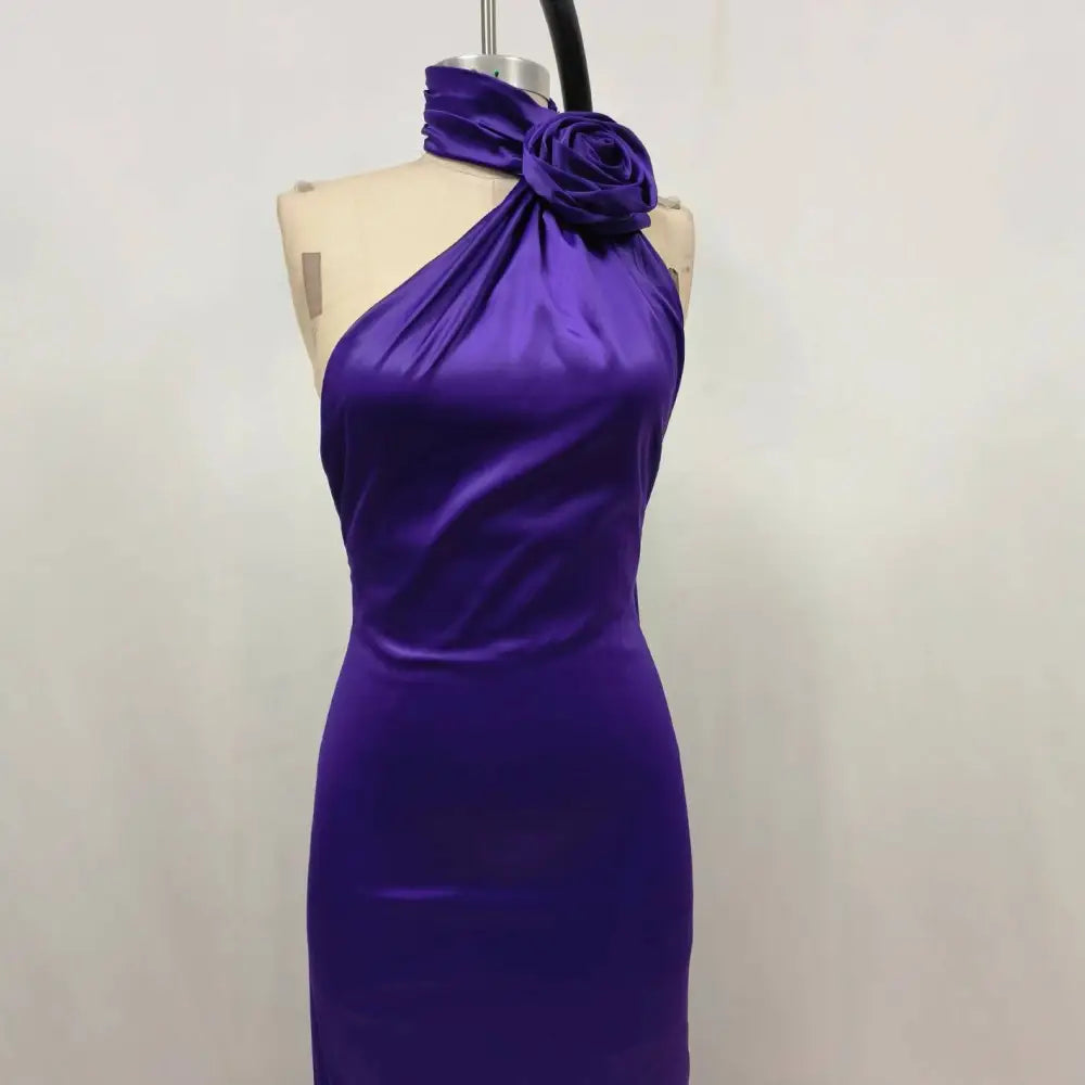 One Shoulder Fitted High Waist Purple Satin Rose Gown