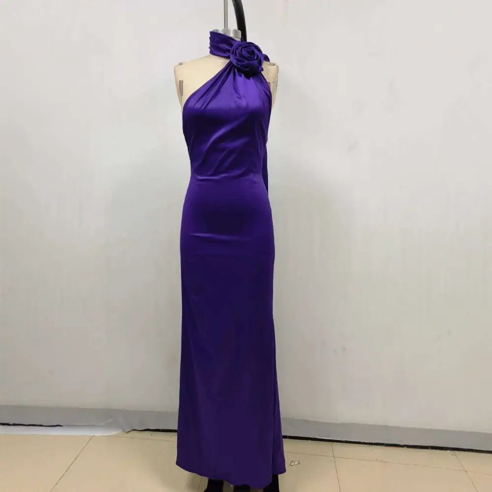One Shoulder Fitted High Waist Purple Satin Rose Gown