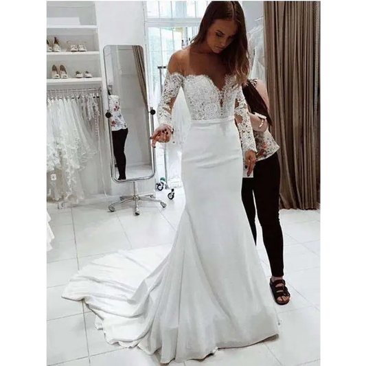 One Shoulder Lace Long Sleeve Wedding Dress