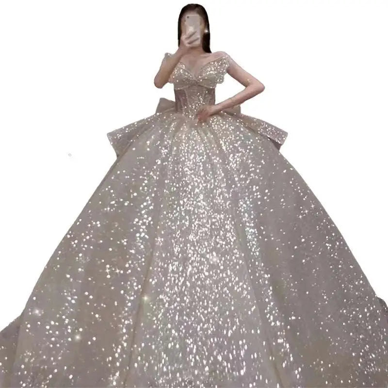 One-shoulder Long Trailing Heavy Industry Wedding Dress