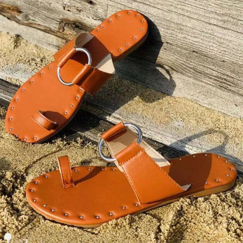 Orange Leather Casual Beach Sandals with Silver Studs