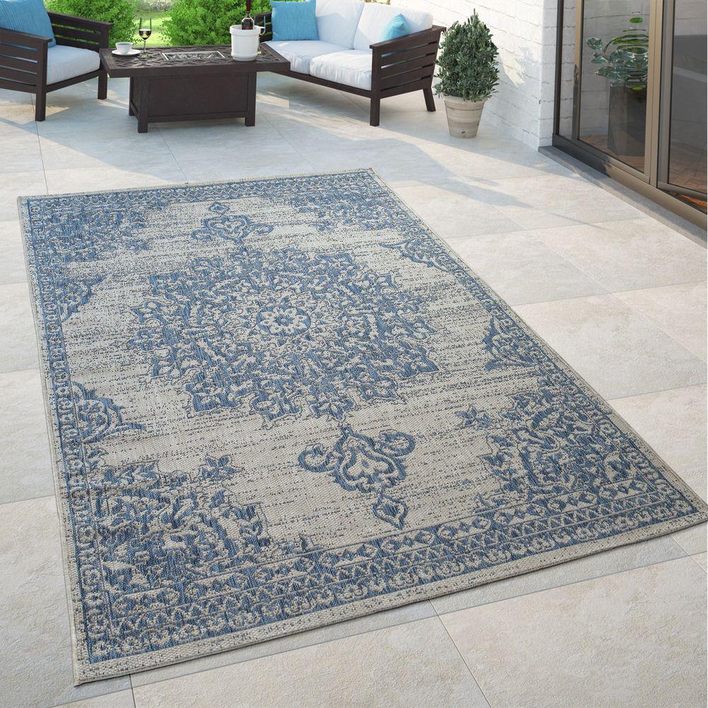 Outdoor Rug Blue Beige Oriental Design Floral Pattern Balcony Living Room-0