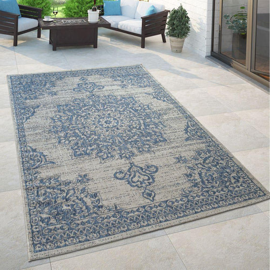 Outdoor Rug Blue Beige Oriental Design Floral Pattern Balcony Living Room-0