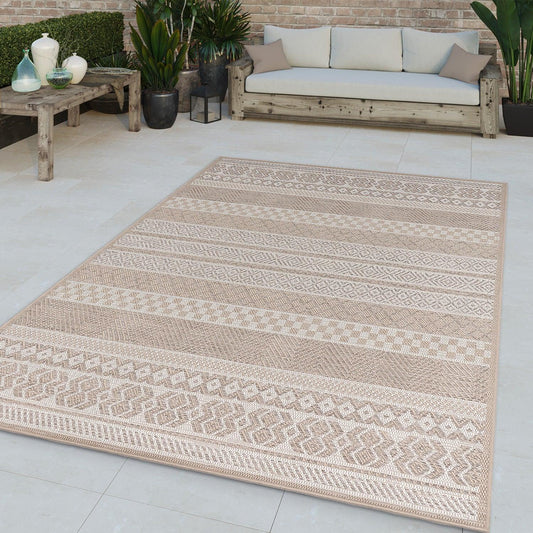 Outdoor Rug for Patio or Balcony Modern flatweave Boho ornaments in Cream Beige-0