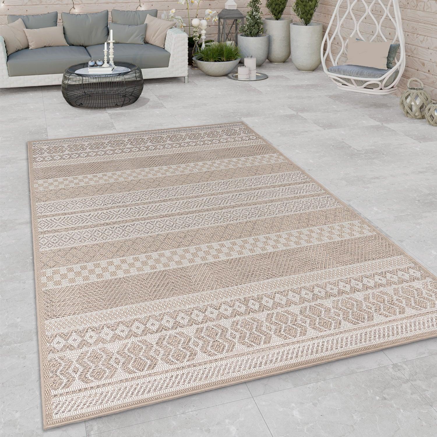 Outdoor Rug for Patio or Balcony Modern flatweave Boho ornaments in Cream Beige-1