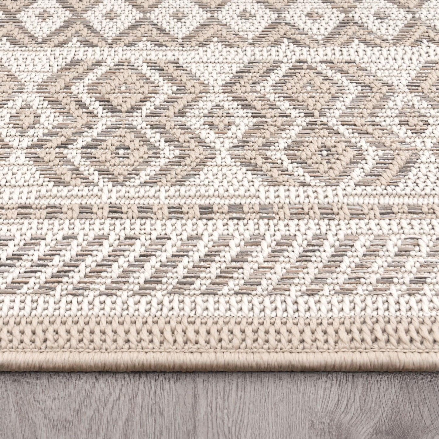Outdoor Rug for Patio or Balcony Modern flatweave Boho ornaments in Cream Beige-4