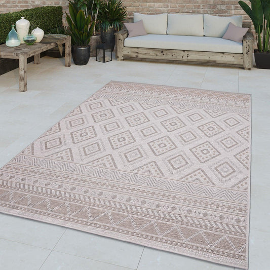 Outdoor Rug for Patio or Balcony Modern flatweave Boho Trellis in Cream Beige-0