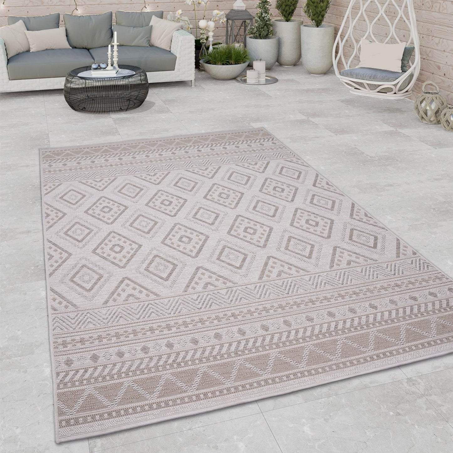 Outdoor Rug for Patio or Balcony Modern flatweave Boho Trellis in Cream Beige-1