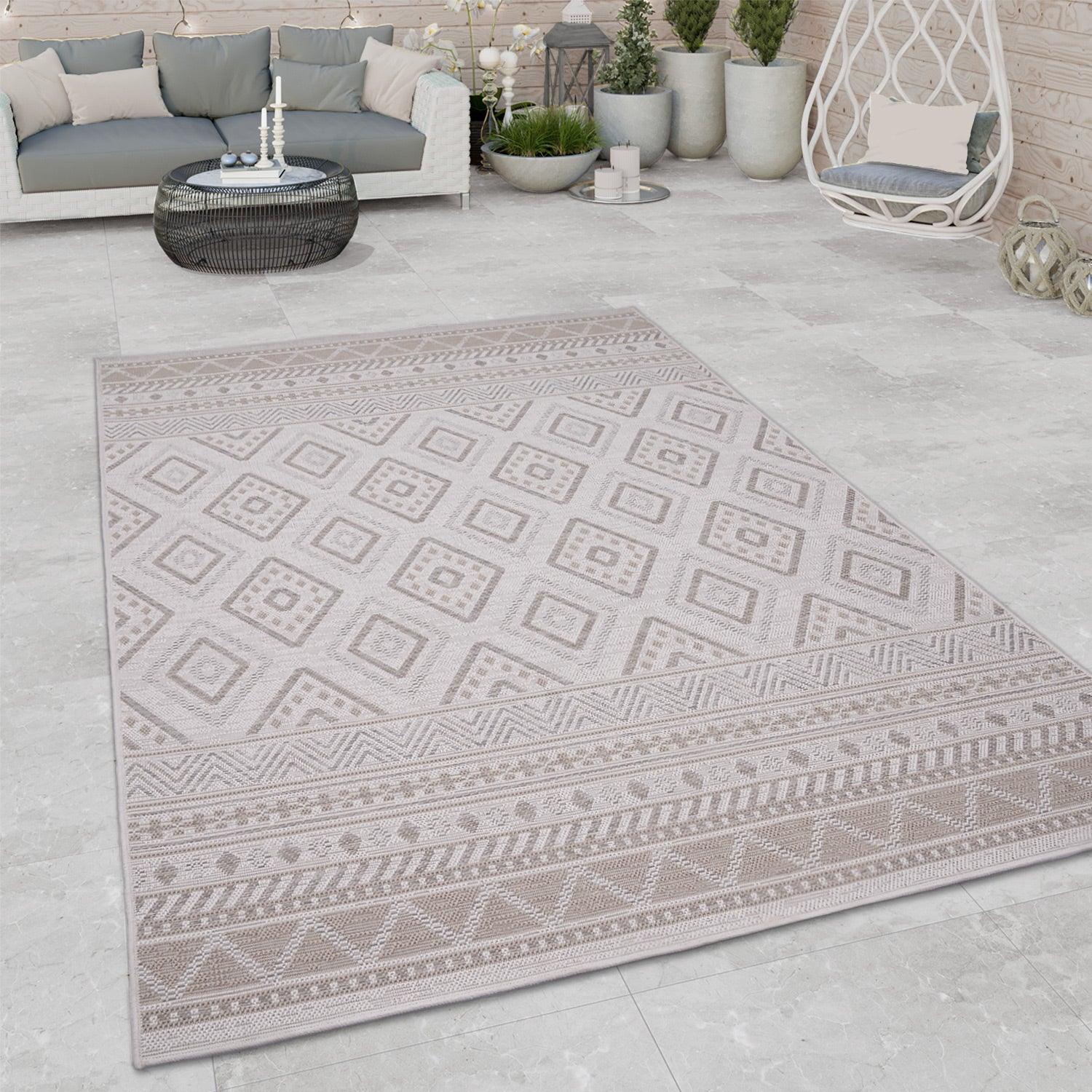 Outdoor Rug for Patio or Balcony Modern flatweave Boho Trellis in Cream Beige-1