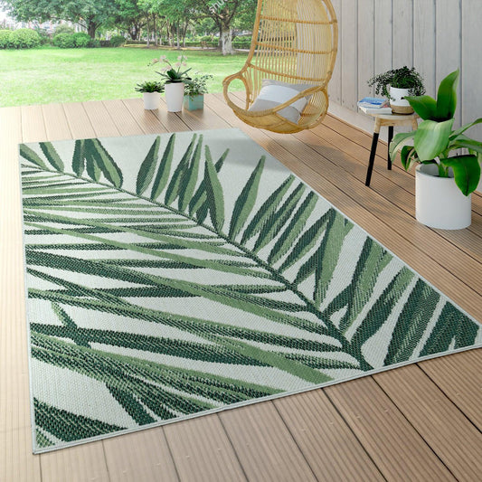 Outdoor Rug Green Beige with Palm Leaf Pattern for Patio Terrace Flat Weave-0