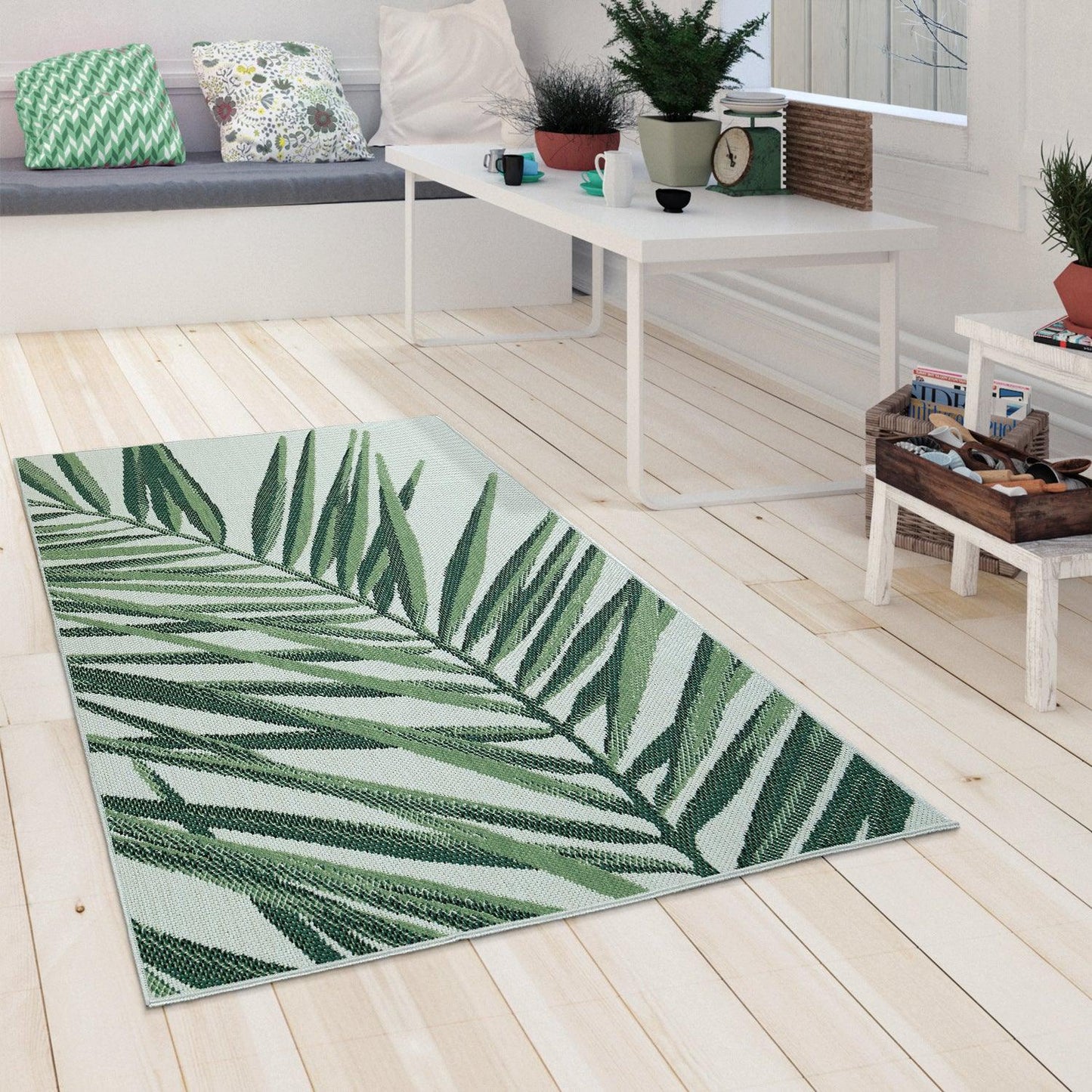 Outdoor Rug Green Beige with Palm Leaf Pattern for Patio Terrace Flat Weave-1
