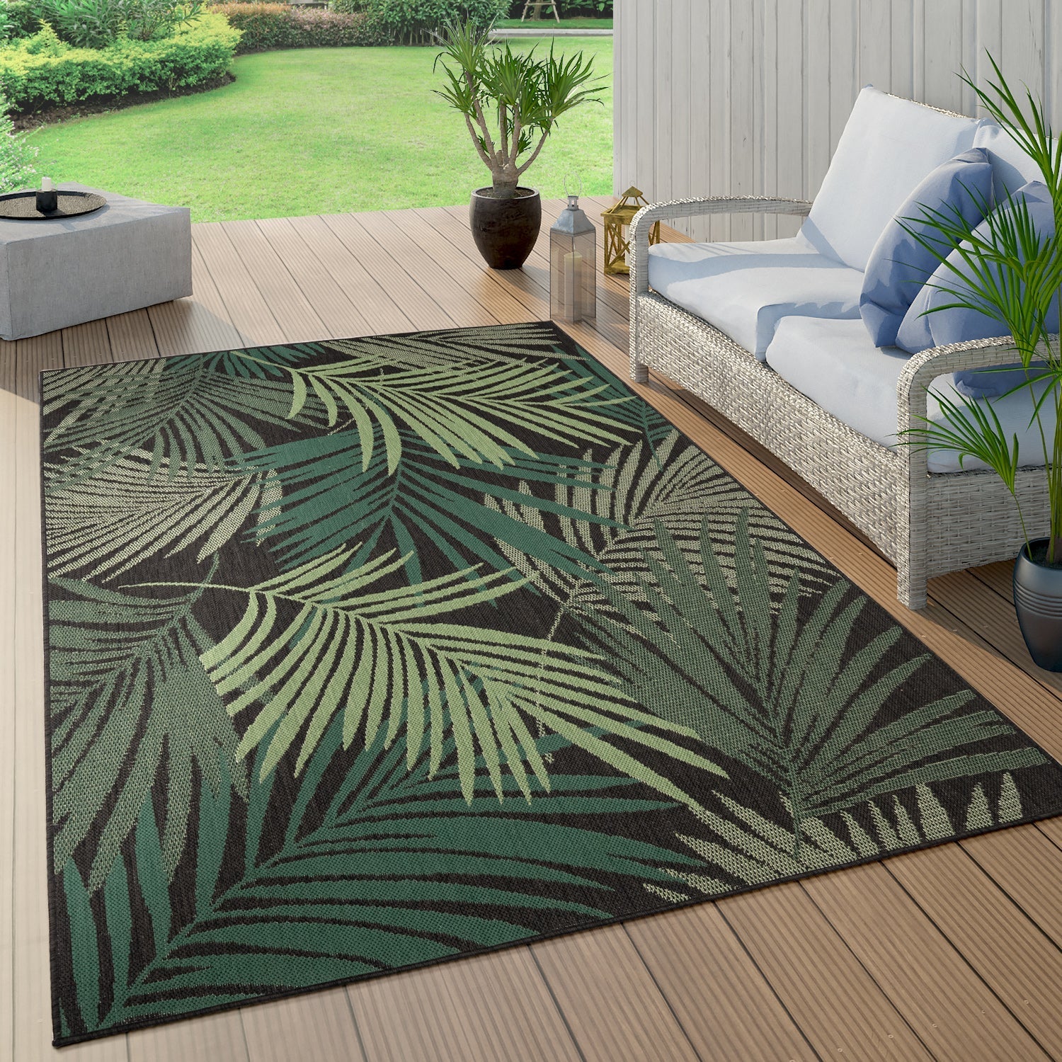Outdoor Rug Ostende Tropical Palm Leaves - Black Green-0