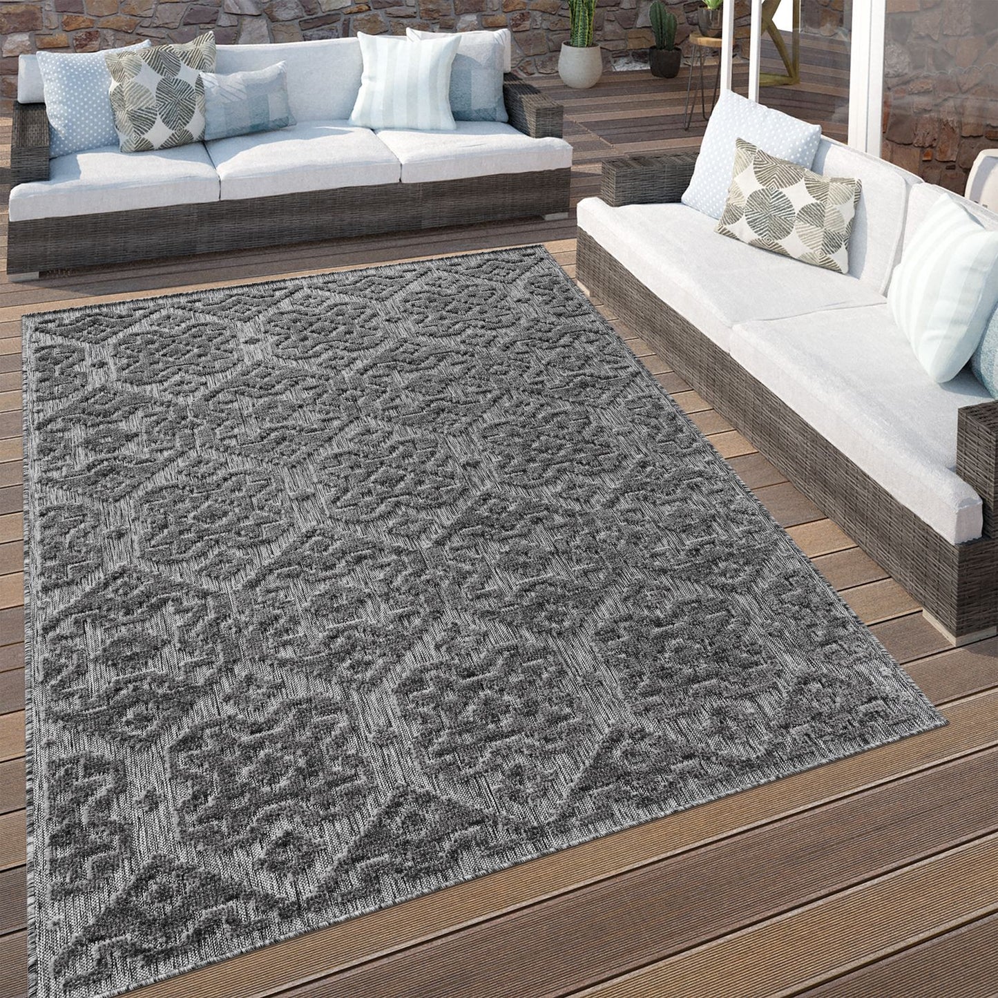 In- & Outdoor Rug Marrakesh High-Low Diamond Effect Pattern Anthracite-4