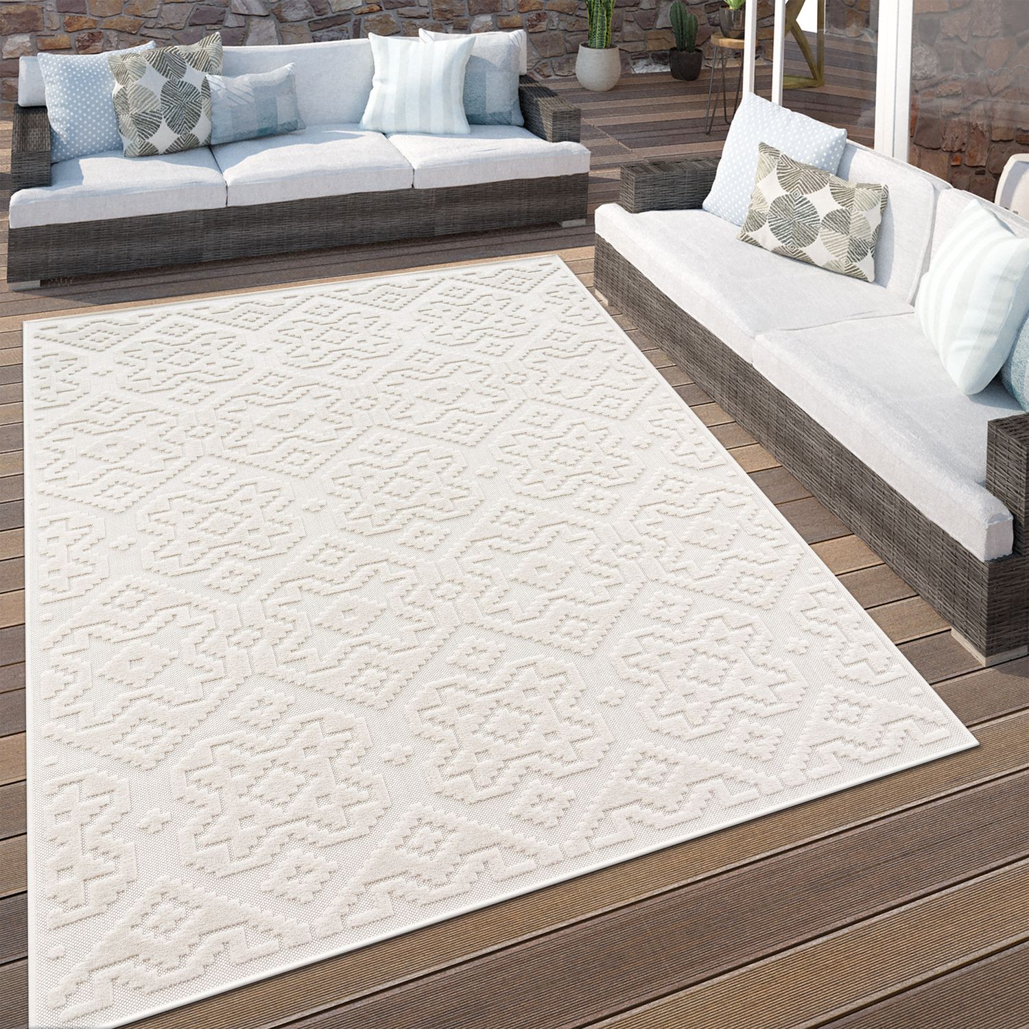 In- & Outdoor Rug Marrakesh High-Low Diamond Effect Pattern Cream-4