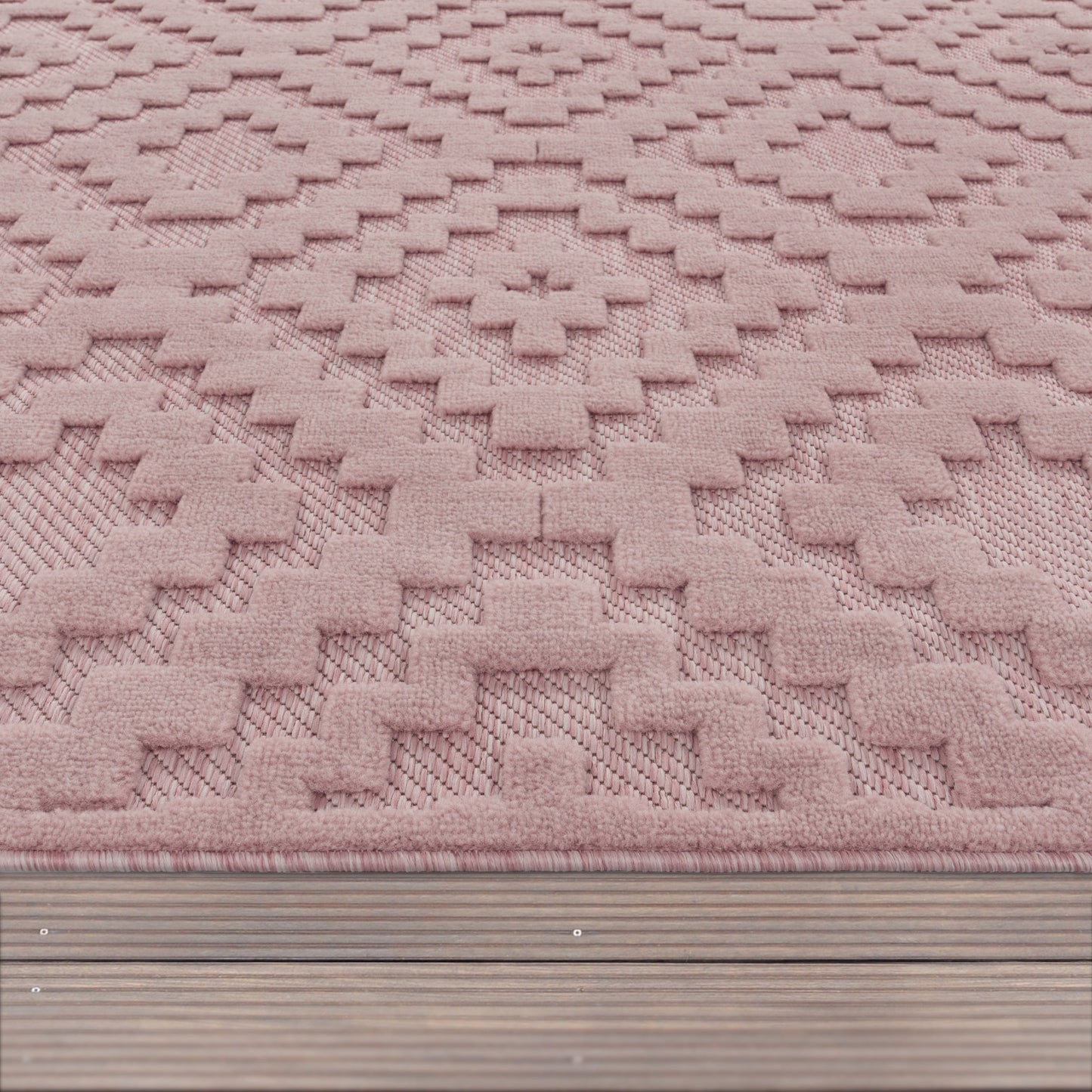 Indoor Outdoor Rug Livorno Trellis High-Low Pattern In Pink-2