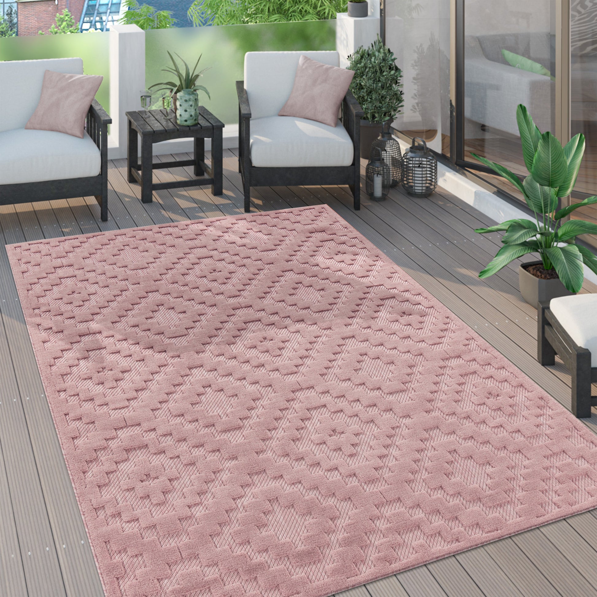 Indoor Outdoor Rug Livorno Trellis High-Low Pattern In Pink-0