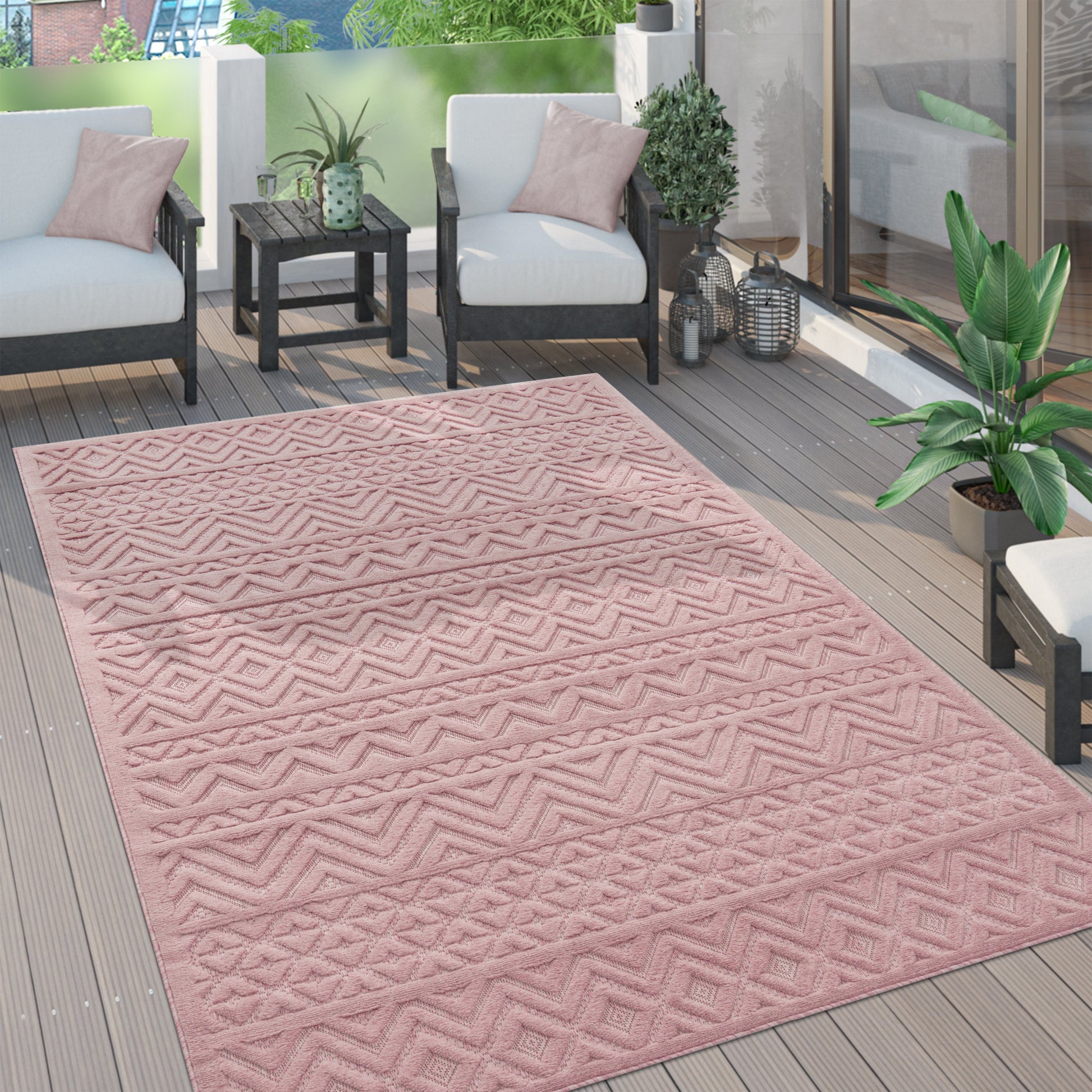 Indoor Outdoor Rug Livorno Boho High-Low Pattern In Pink-0