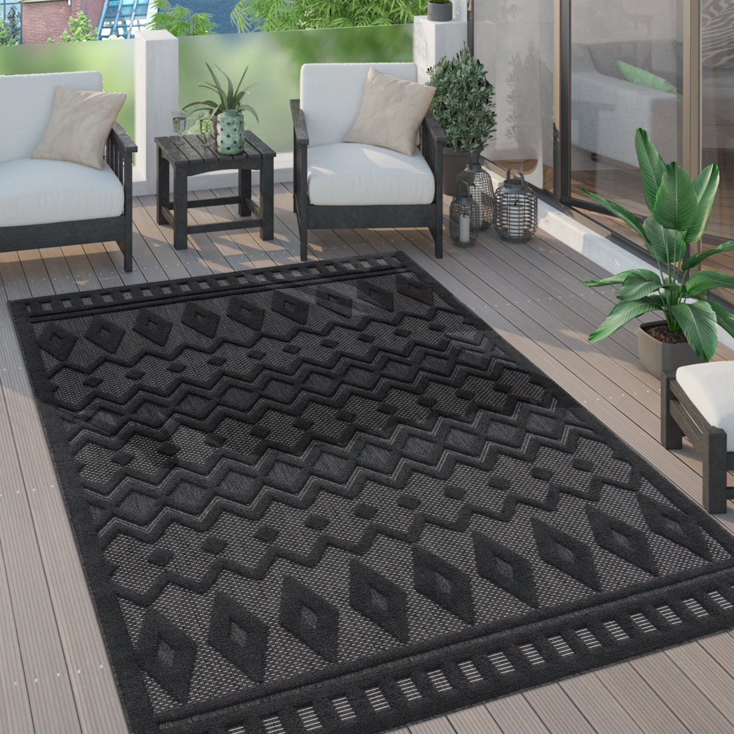 Indoor Outdoor Rug Livorno Geometric Trellis Pattern In Anthracite-0