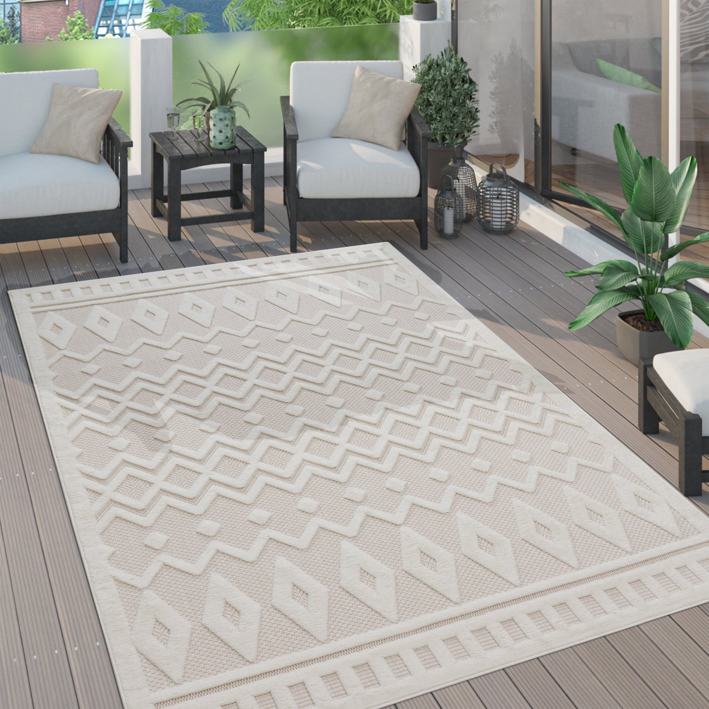 Indoor Outdoor Rug Livorno Geometric Trellis Pattern In Cream-0