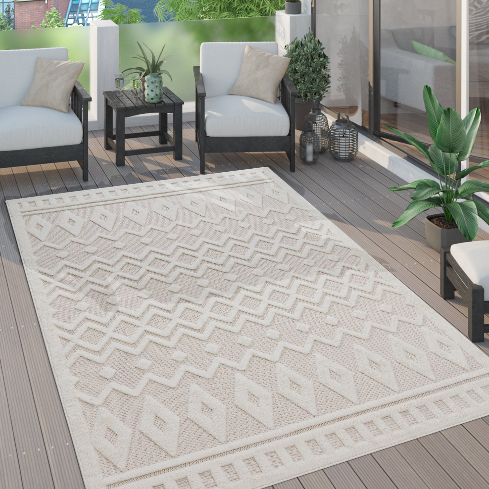 Indoor Outdoor Rug Livorno Geometric Trellis Pattern In Cream-0