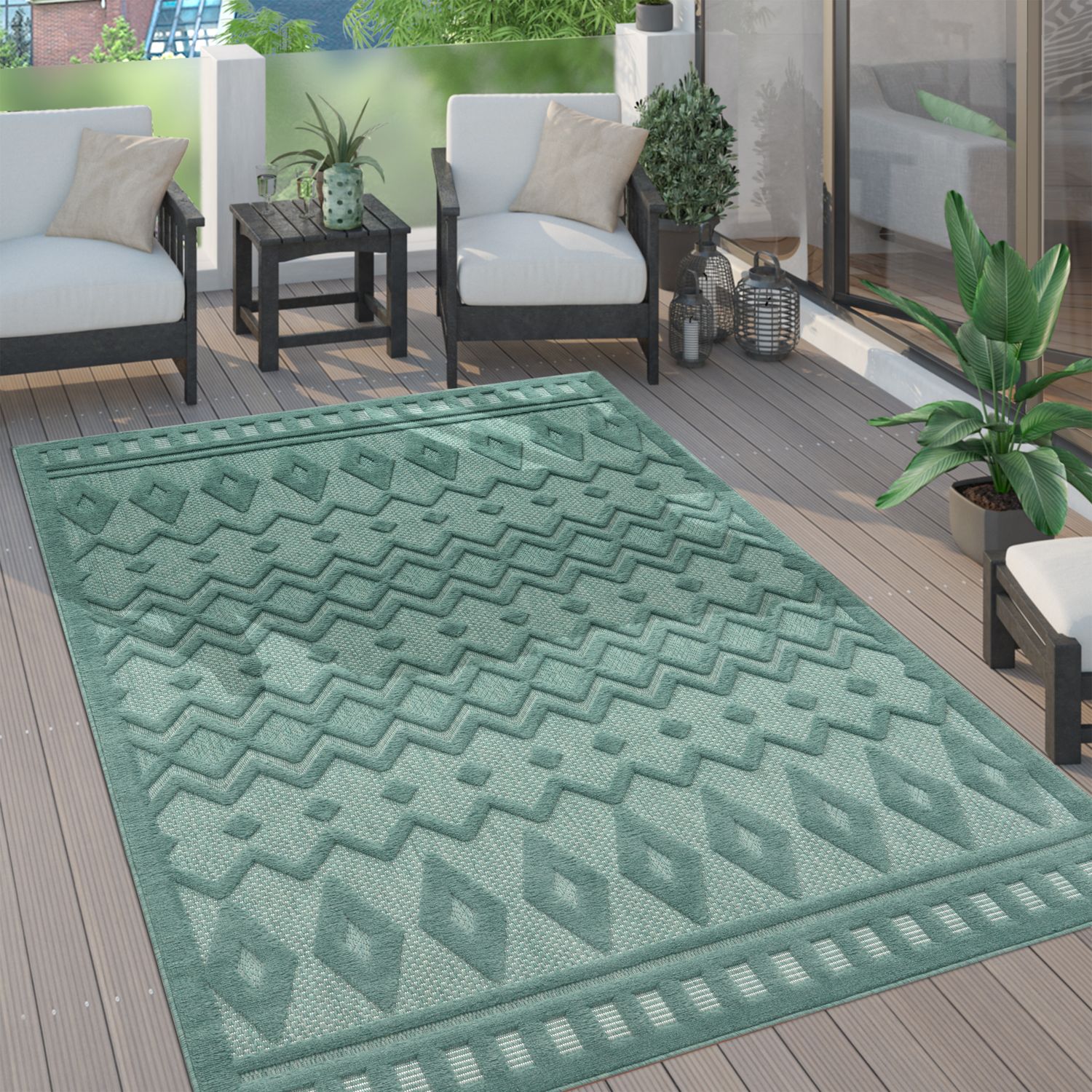 Indoor Outdoor Rug Livorno Geometric Trellis Pattern In Turquoise-0