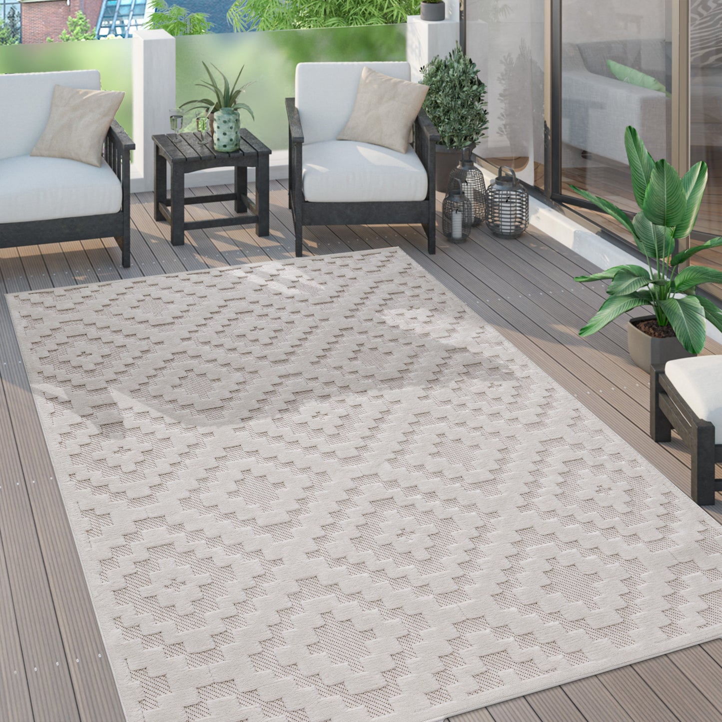 Indoor Outdoor Rug Livorno Trellis High-Low Pattern In Cream-0