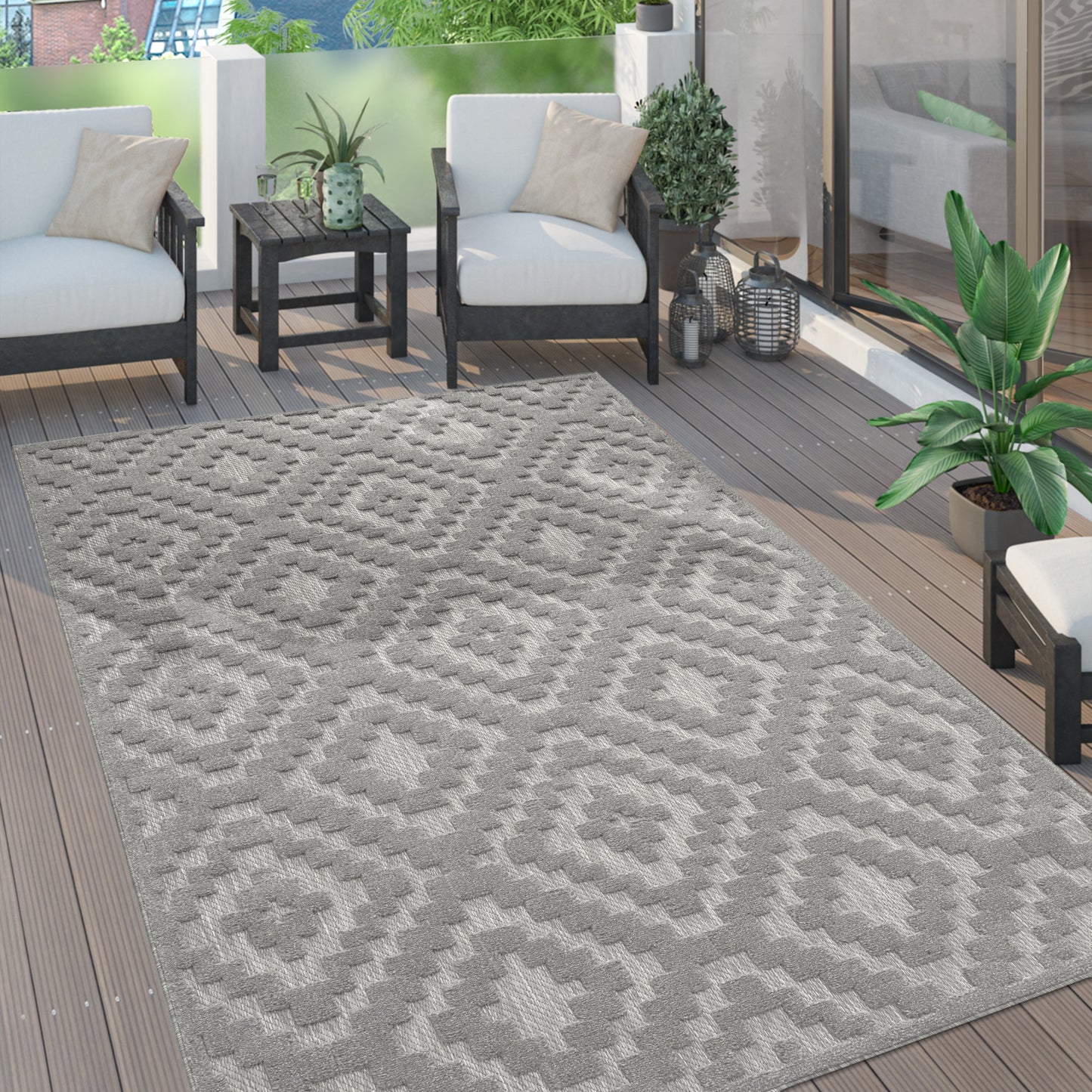 Indoor Outdoor Rug Livorno Trellis High-Low Pattern In Grey-0