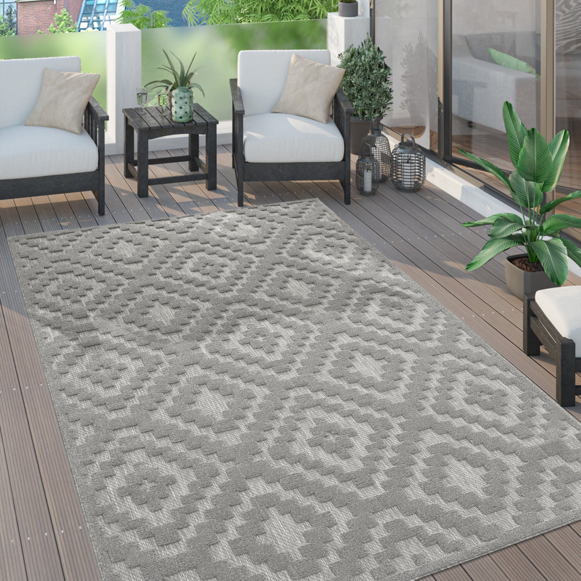 Indoor Outdoor Rug Livorno Trellis High-Low Pattern In Grey-0