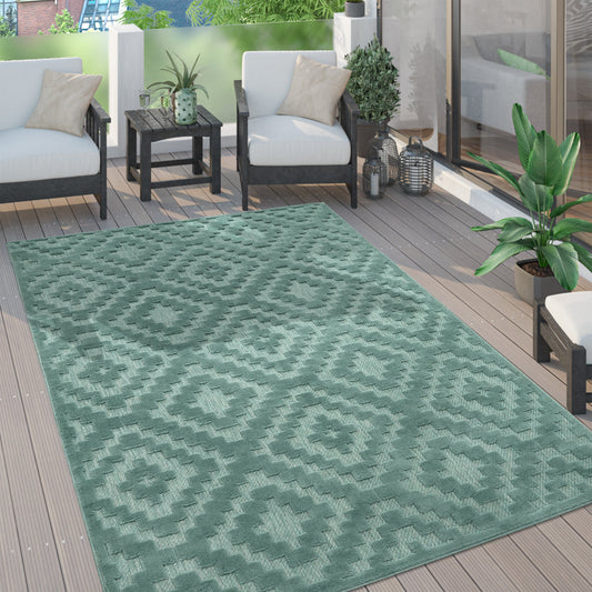 Indoor Outdoor Rug Livorno Trellis High-Low Pattern In Turquoise-0