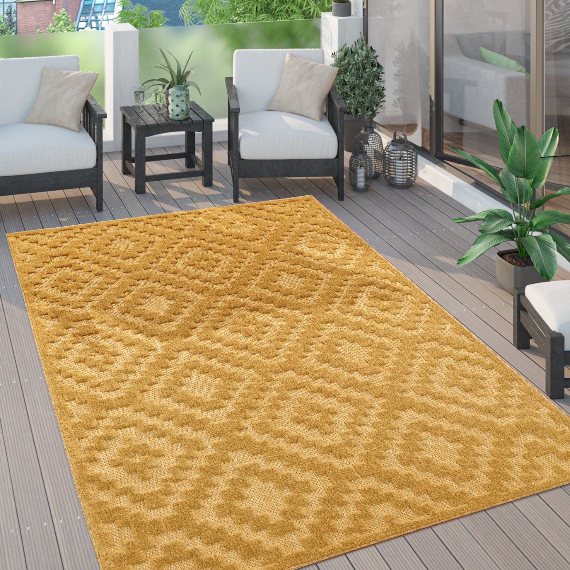Indoor Outdoor Rug Livorno Trellis High-Low Pattern In Yellow-0