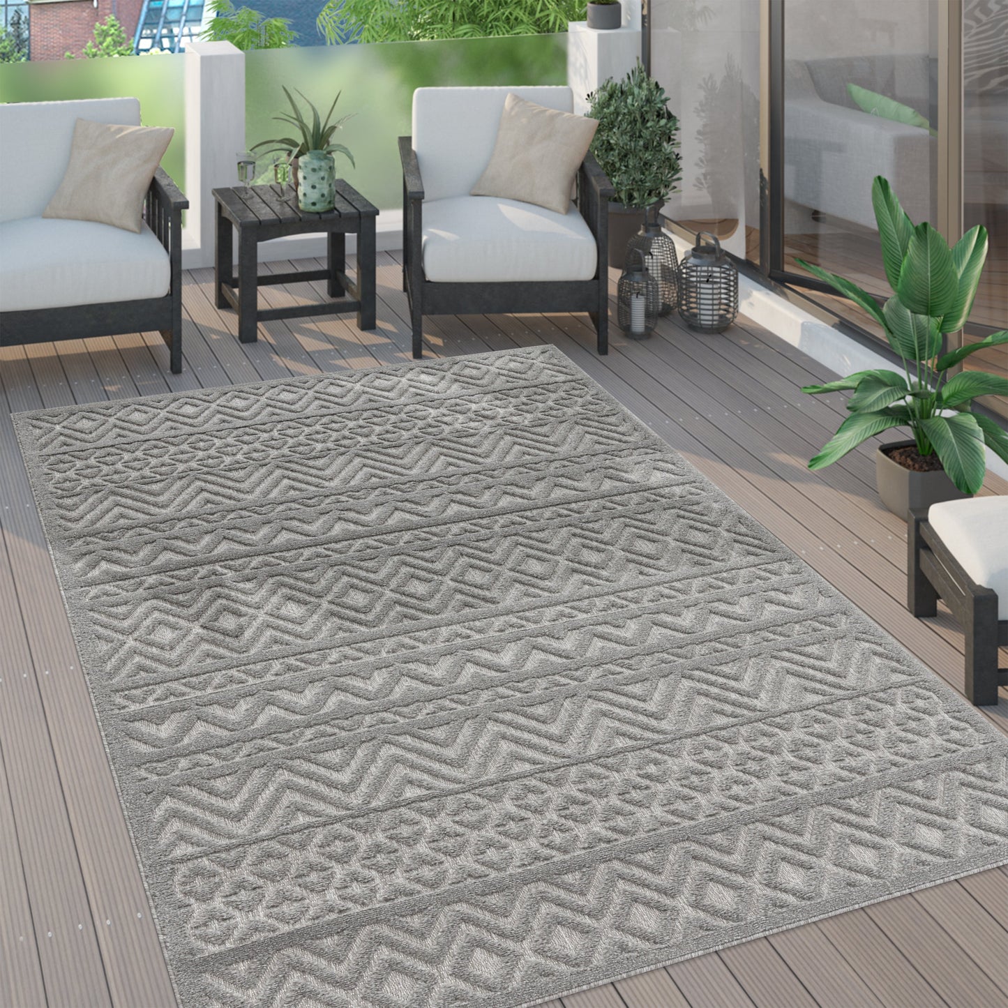 Indoor Outdoor Rug Livorno Boho High-Low Pattern In Grey-0