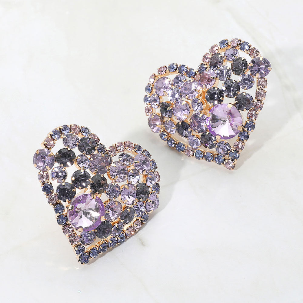 Oversized Rhinestone Cluster Heart Evening Clip On Earrings