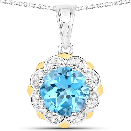 2.32 Carat Genuine Swiss Blue Topaz & White Diamond 14K Yellow Gold with .925 Silver Pendant