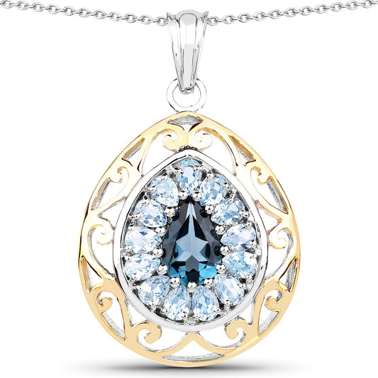 18K Yellow Gold Plate 4.44 Carat Genuine London Blue Topaz & Blue Topaz .925 Sterling Silver Pendant