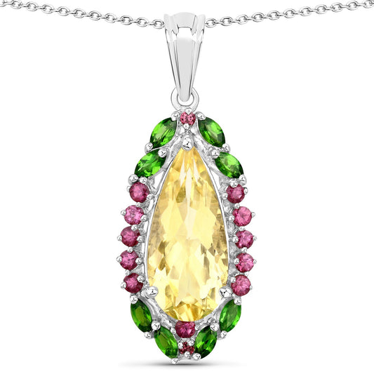 6.19 Carat Genuine Citrine, Chrome Diopside and Rhodolite Garnet .925 Sterling Silver Pendant
