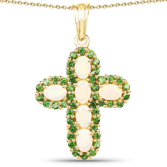 14K Yellow Gold Plate 3.11 Carat Genuine Ethiopian Opal & Chrome Diopside .925 Silver Pendant