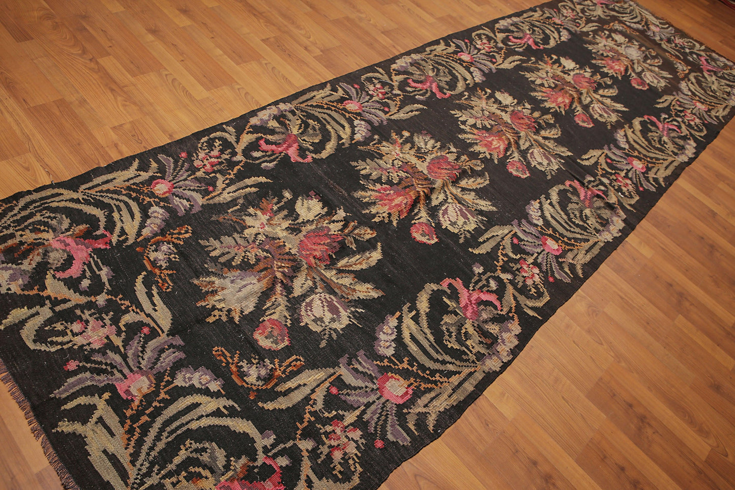 4'2''x13'5'' Vintage Hand Woven Turkish Kilim 100% Wool Runner Area Rug Charcoal-3