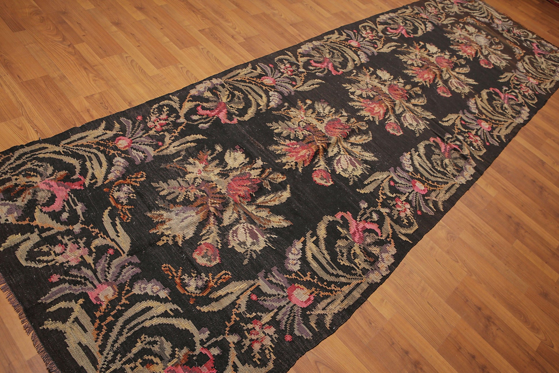 4'2''x13'5'' Vintage Hand Woven Turkish Kilim 100% Wool Runner Area Rug Charcoal-3