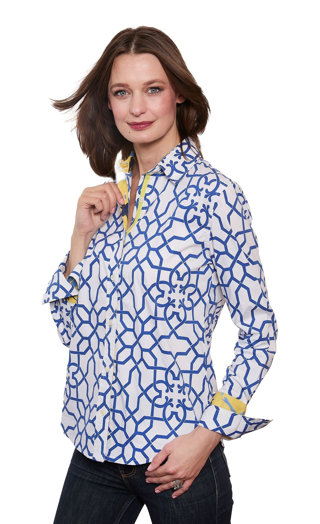 Rome Shirt Navy White Geo Print Cotton Sateen with Stretch