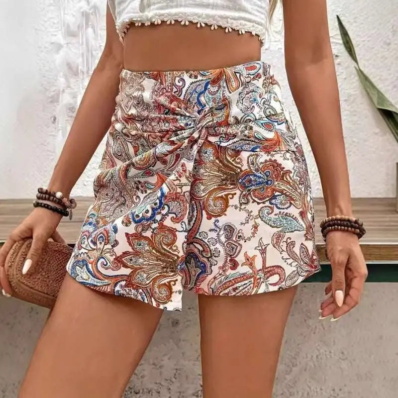 Paisley Print Knot Shorts High Waist Fake Two-piece Skirt